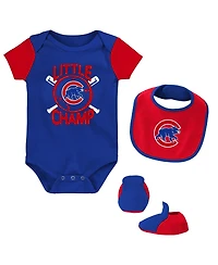 Newborn and Infant Boys Girls Royal Chicago Cubs Little Champ Three-Pack Bodysuit Bib Booties Set