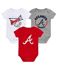Newborn and Infant Boys and Girls Red, White, Heather Gray Atlanta Braves Biggest Little Fan 3-Pack Bodysuit Set