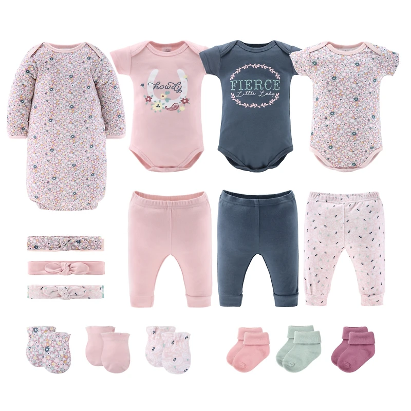 The Peanutshell Baby Girls Newborn Layette Gift Set Girls, Blue Pink Prairie Floral, 16 Essential Pieces