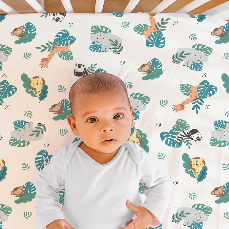 The Peanutshell Green and Grey Safari Adventures Crib Bedding Set for Baby Boys or Baby Girls, 3 Piece Nursery Set