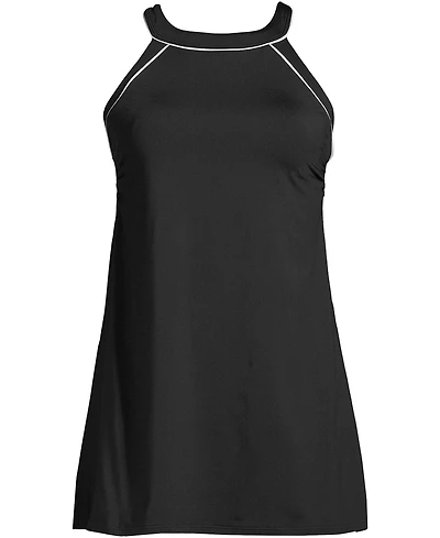 Lands' End Women's Long High Neck Swim Dress One Piece Swimsuit Adjustable Straps