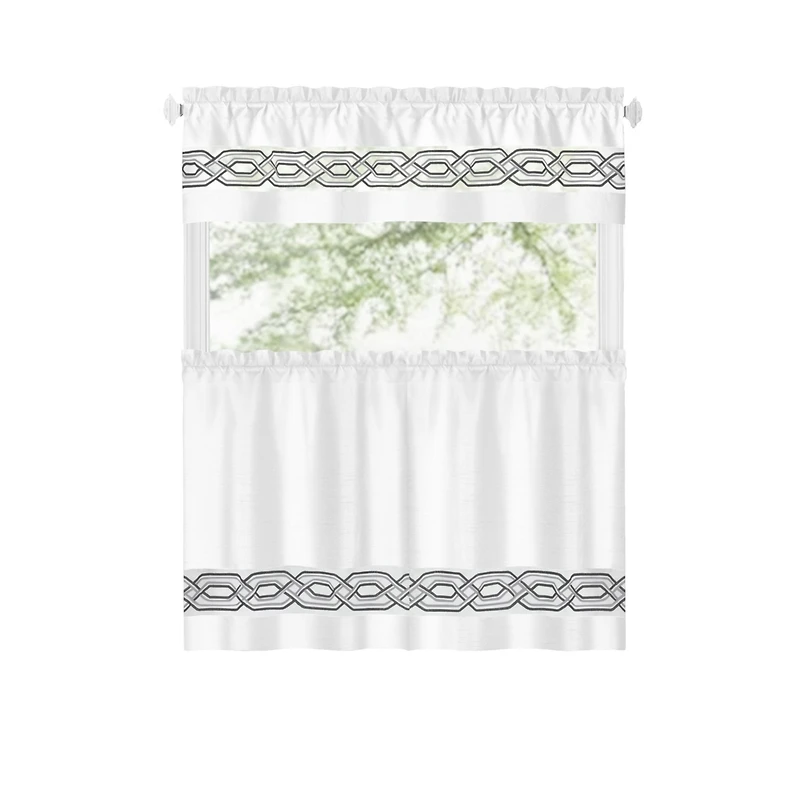 Kate Aurora Pacifico Complete 3 Piece Rod Pocket Embroidered Tier & Valance Kitchen Curtain Set