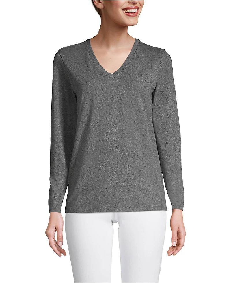 Lands' End Women's Relaxed Supima Cotton Long Sleeve V-Neck T-Shirt