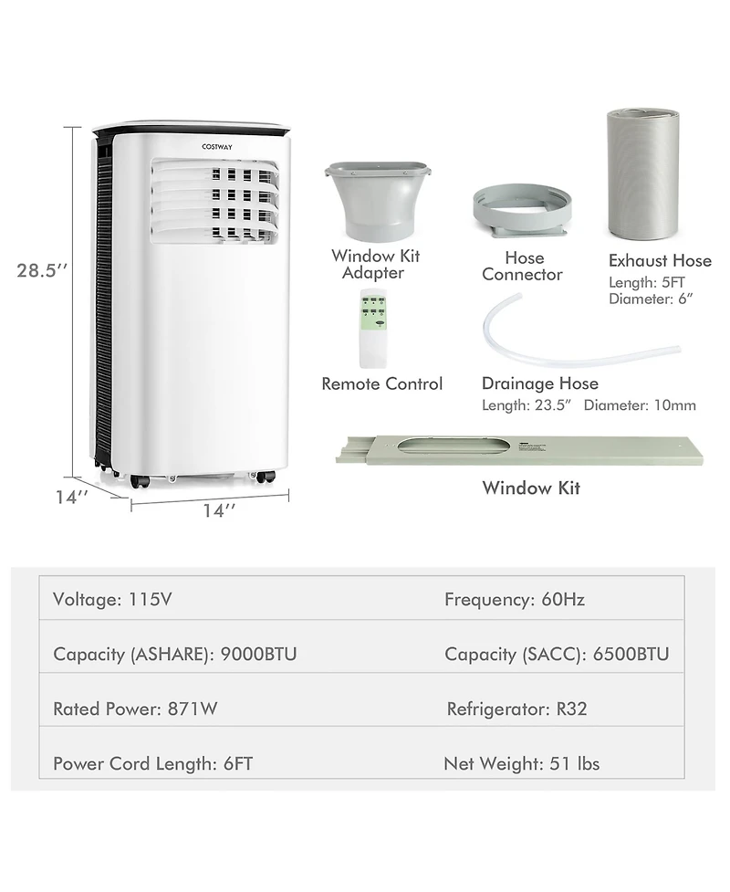 9000 Btu Air Cooler 3 in 1 Portable Air Conditioner w/Fan & Dehumidifier