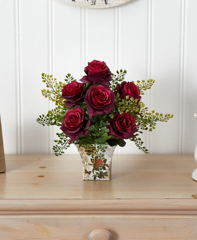 Nearly Natural Rose and Maiden Hair w/Floral Planter