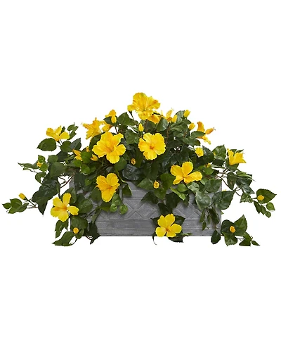 Nearly Natural Hibiscus Artificial Plant in Stone Planter