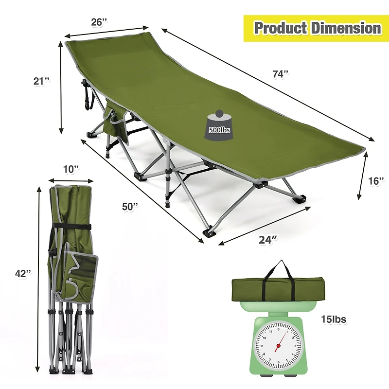 Camping Cot Heavy-Duty Outdoor Cot Bed w/ Side Storage Pocket