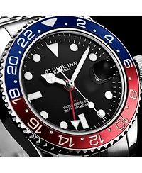 Stuhrling Meridian 3968 Men s Gmt Diver Watch – Quartz Movement, 42mm Stainless Steel Case, Black Dial, Red/Blue Bezel