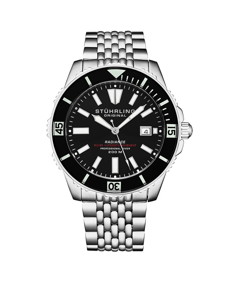 Stuhrling Men s Radiance Heritage 1006 43mm Swiss Automatic Diver Watch, Black Dial & Bezel, Oyster-Style Bracelet, Exhibition Caseback