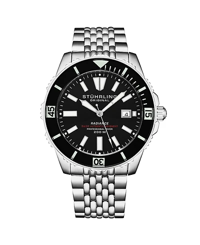 Stuhrling Men s Radiance Heritage 1006 43mm Swiss Automatic Diver Watch, Black Dial & Bezel, Oyster-Style Bracelet, Exhibition Caseback