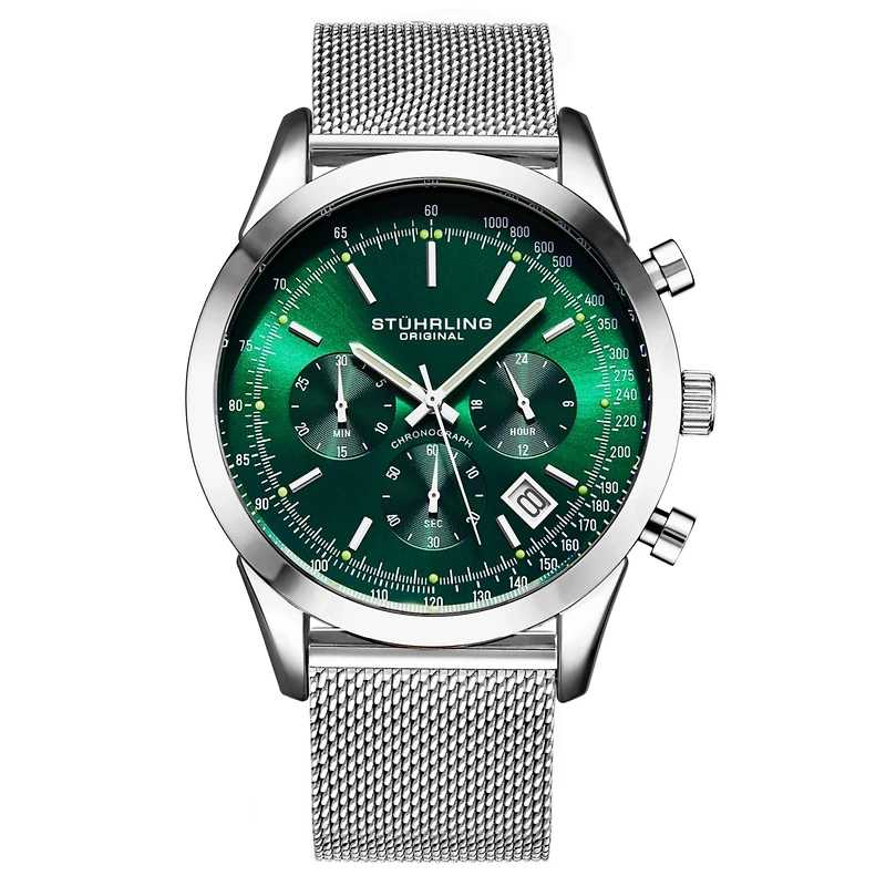 Stuhrling Rialto 3975.9 Men s Chronograph Watch – Quartz Movement, 44mm Silver-Tone Case, Green Dial, Stainless Steel Mesh Bracelet