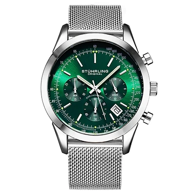 Stuhrling Men's Monaco Silver-tone Mixed Metal , Green Dial , 44mm Round Watch