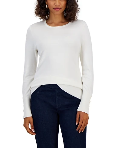 Jm Collection Women's Button-Sleeve Crewneck Sweater, Created for Macy's