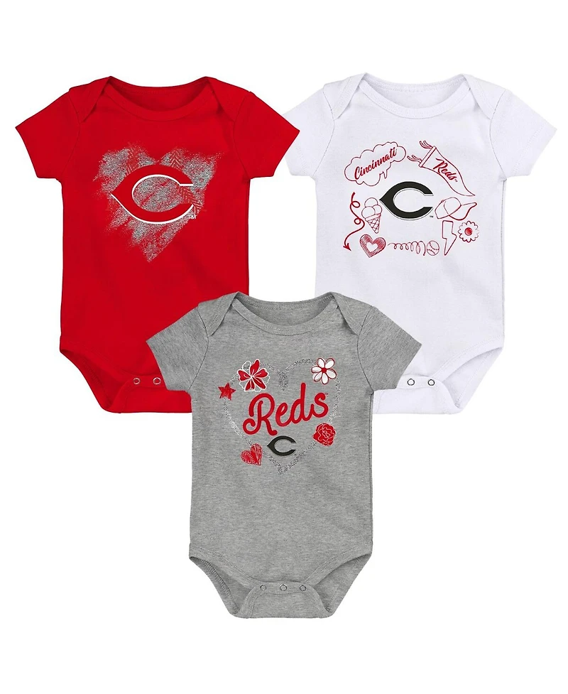 Infant Boys and Girls White, Red, Gray Cincinnati Reds Batter Up 3-Pack Bodysuit Set