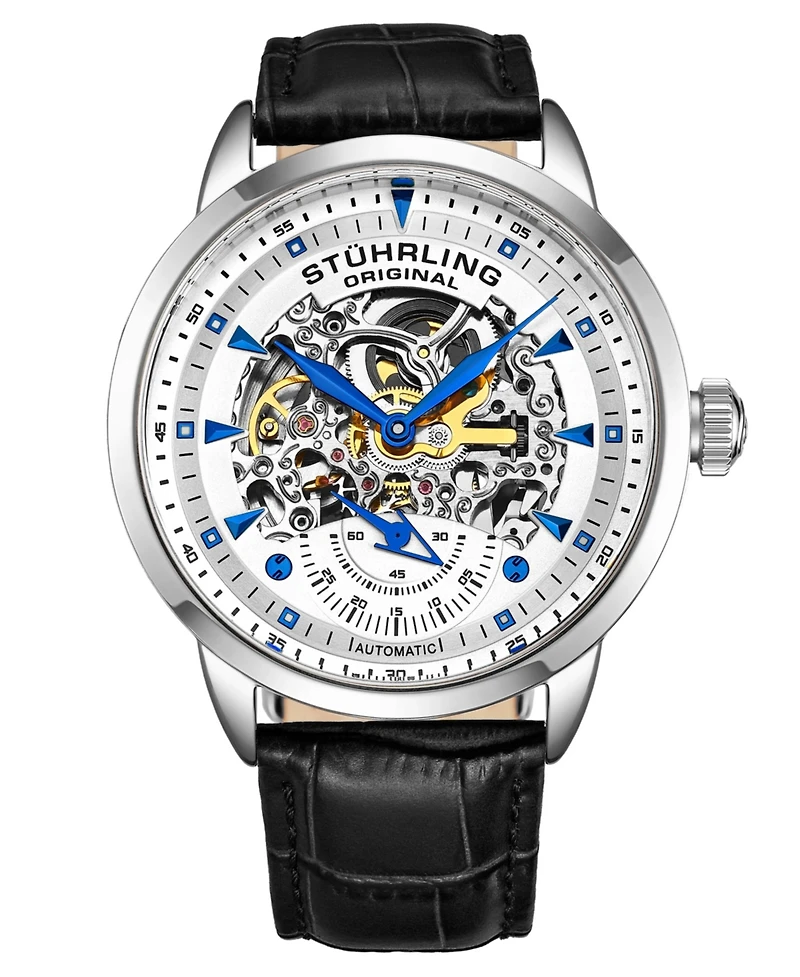 Stuhrling Men's Legacy Black Leather, White Dial, 44mm Round Watch