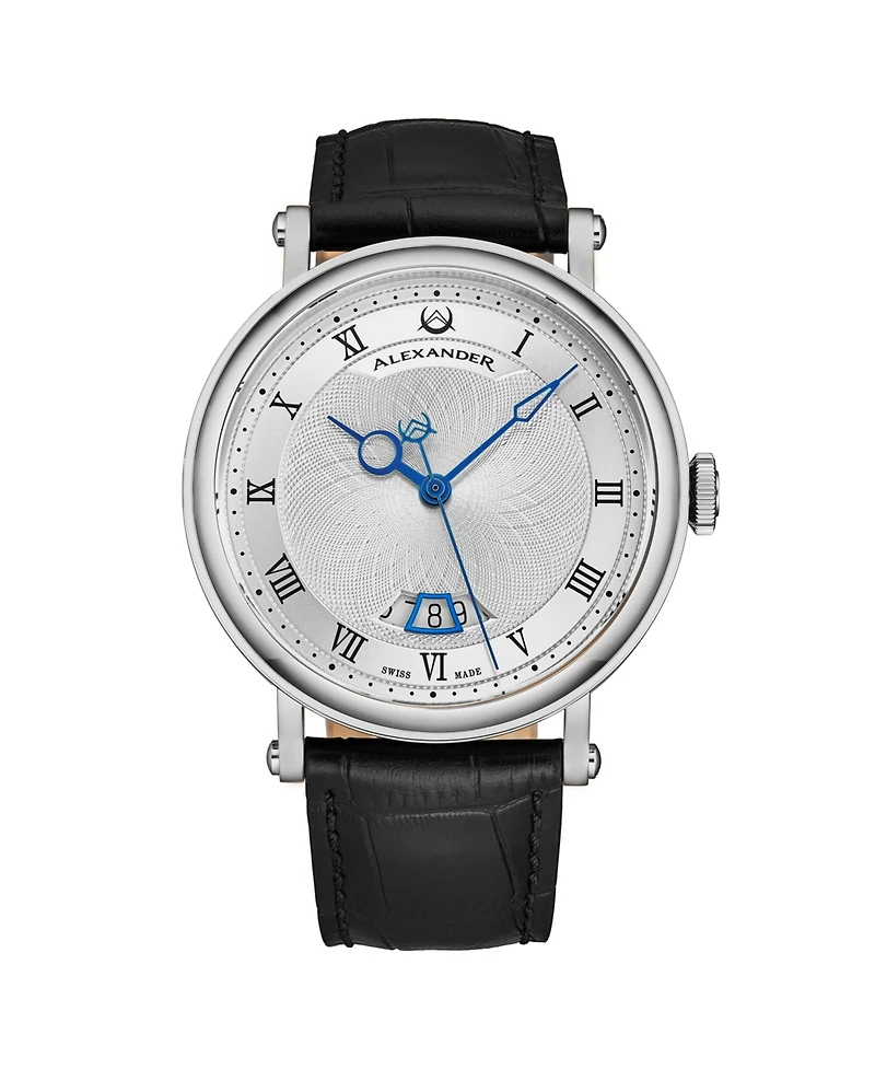 Alexander Triumph Men's Swiss Automatic Watch 43mm Silver Tone Stainless Steel Case Silver Dial Sapphire Crystal Black Leather Strap 30M