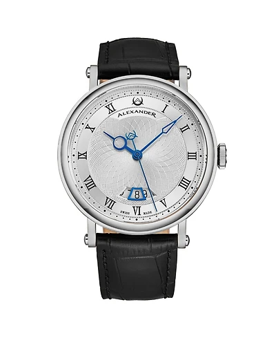 Alexander Triumph Men's Swiss Automatic Watch 43mm Silver Tone Stainless Steel Case Silver Dial Sapphire Crystal Black Leather Strap 30M