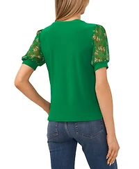 CeCe Women's Mixed Media Puff Sleeve Bouquet Knit Top