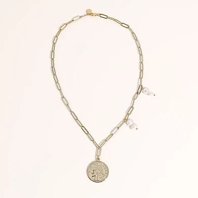 Joey Baby 18K Gold Plated Freshwater Pearls with a Coin Pendant - Connie Necklace 17" For Women