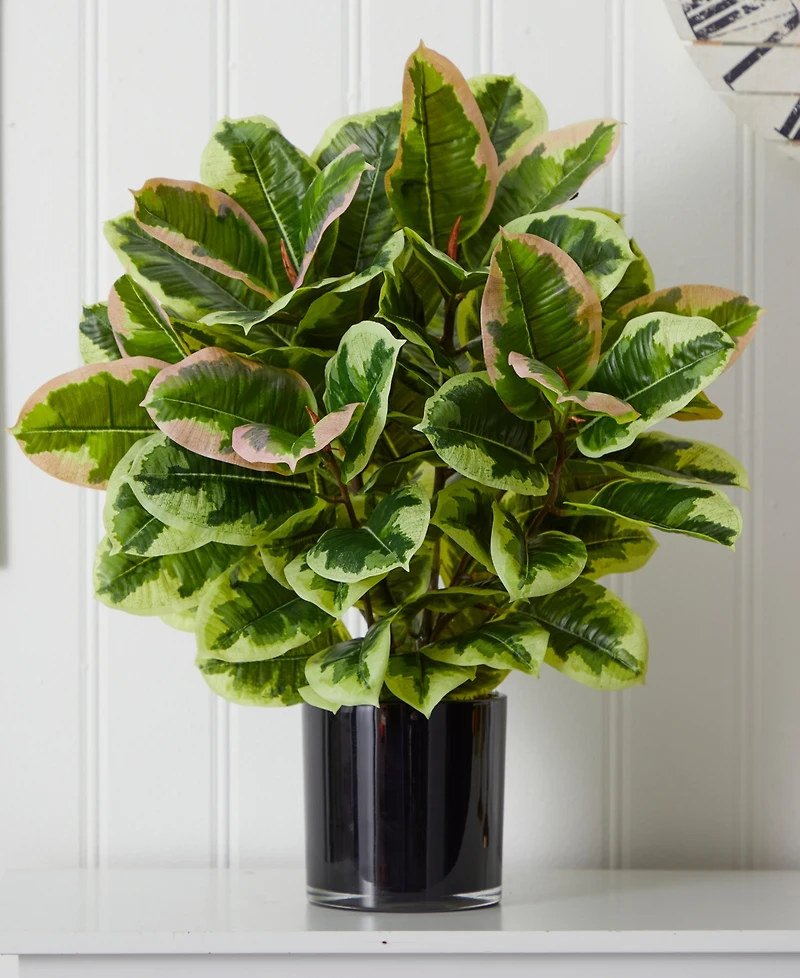 Nearly Natural Artificial Rubber Plant in Glossy Cylinder - Real Touch