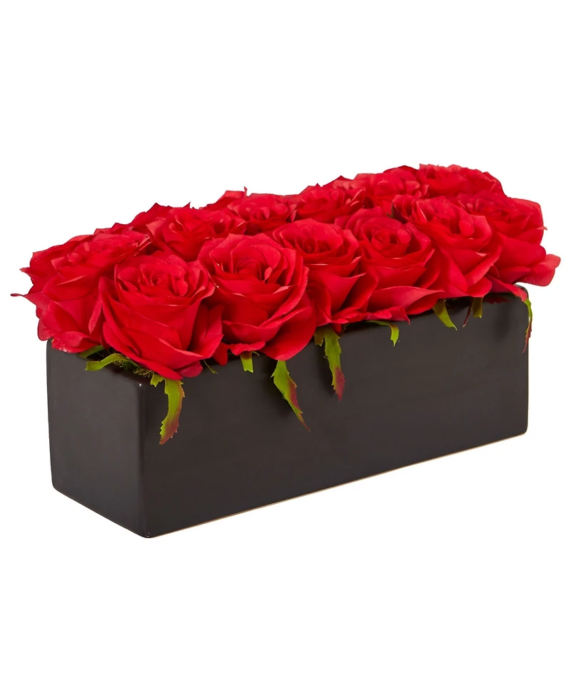 Nearly Natural Dozen Silk Roses Ceramic Rectangular Planter