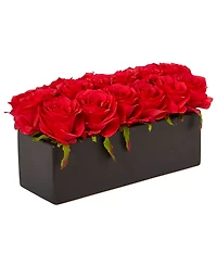 Nearly Natural Dozen Silk Roses Ceramic Rectangular Planter