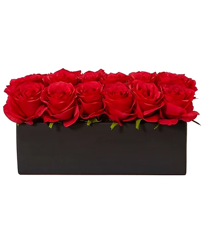 Nearly Natural Dozen Silk Roses Ceramic Rectangular Planter