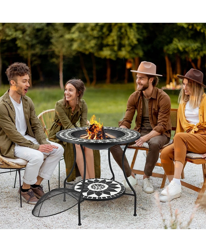 Outsunny 30" Outdoor Fire Pit & Ice Bucket & Side Table, Round Tile Tabletop, Steel Wood Burning Bowl, Spark Screen Lid for Patio, Backyard, Patio, Ga