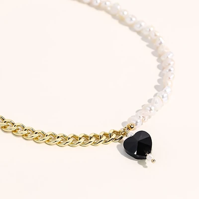 Joey Baby 18K Gold Plated Chain, Freshwater Pearls with Black Heart Charm - Kuro Necklace 17" For Women