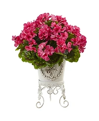 Nearly Natural Geranium Uv-Resistant Indoor/Outdoor Artificial Plant in Metal Planter