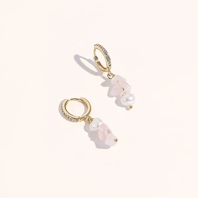 Joey Baby 18K Gold Plated Freshwater Pearls with Rose Quartz Mismatch Style - Manifesting it! Earrings For Women