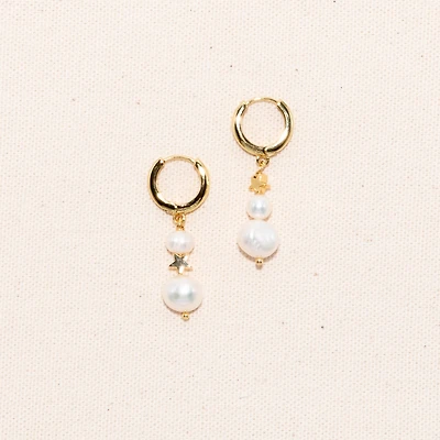 Joey Baby 18K Gold Plated Freshwater Pearls with Stars Huggie Hoops - Twinkie Earrings For Women