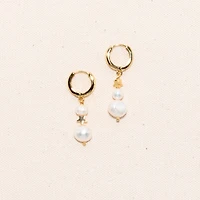Joey Baby 18K Gold Plated Freshwater Pearls with Stars Huggie Hoops - Twinkie Earrings For Women