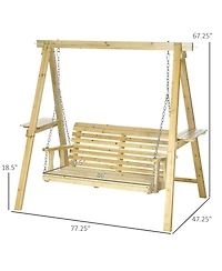 Outsunny 2-Seat Porch Swing Loveseat with Stand and Side Tables, Wooden Patio Swing Chair, for Garden, Poolside, Backyard