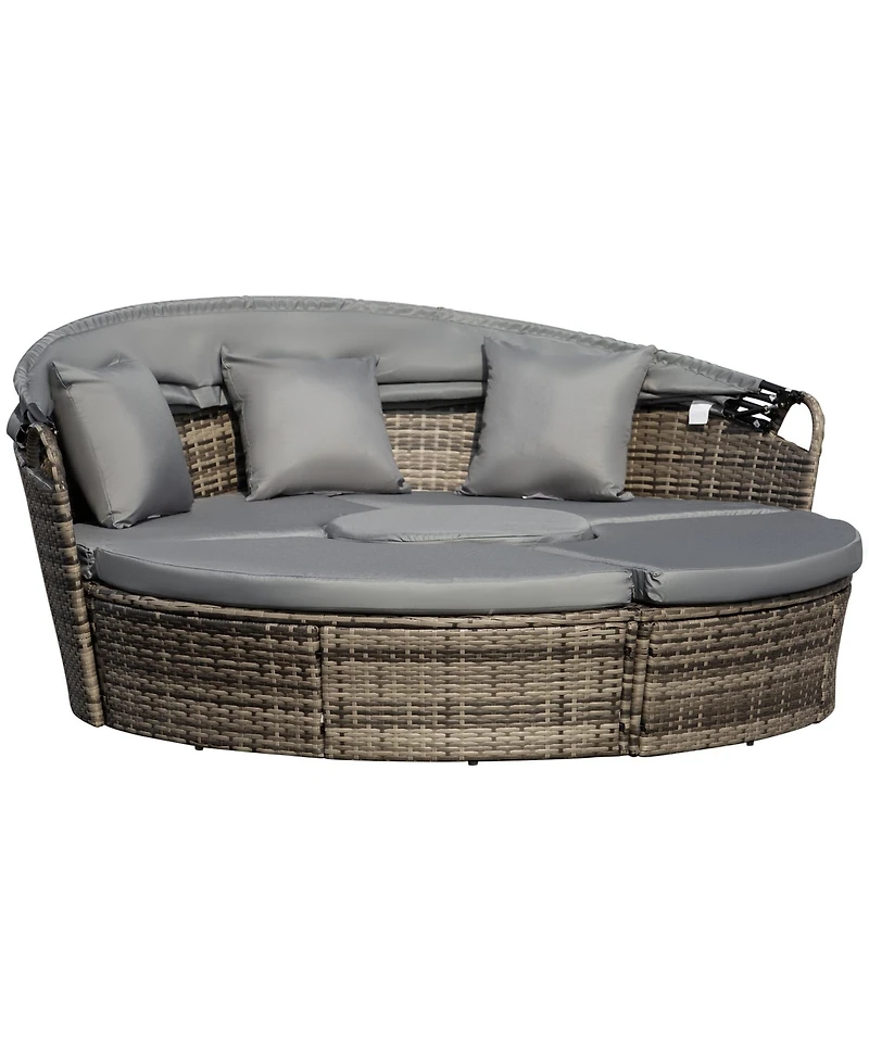 Outsunny 4-Piece Rattan Patio Furniture Set, Round Convertible Daybed or Sunbed with Adjustable Sun Canopy, Sectional Sofa, 2 Chairs, Table