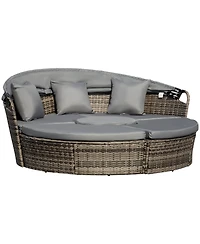 Outsunny 4-Piece Rattan Patio Furniture Set, Round Convertible Daybed or Sunbed with Adjustable Sun Canopy, Sectional Sofa, 2 Chairs, Table