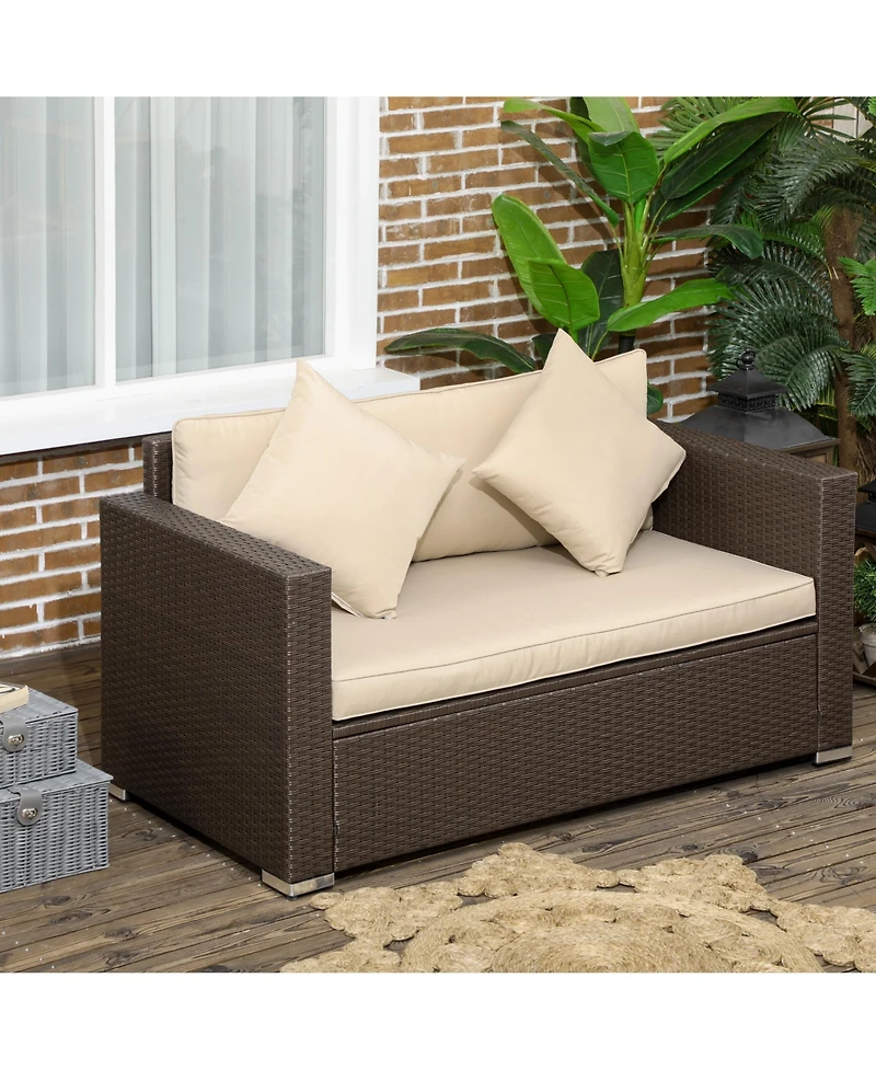 Outsunny Wicker Loveseat, Patio Furniture Couch, Padded Outdoor Sofa,