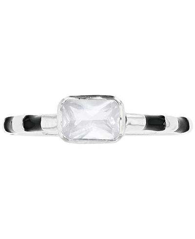 Cubic Zirconia & Striped Enamel Ring Sterling Silver