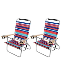Garden Elements Foldable Reclining Aluminum Beach Chairs With Cupholders and Carrying Strap, Multicolor, Pack of 2