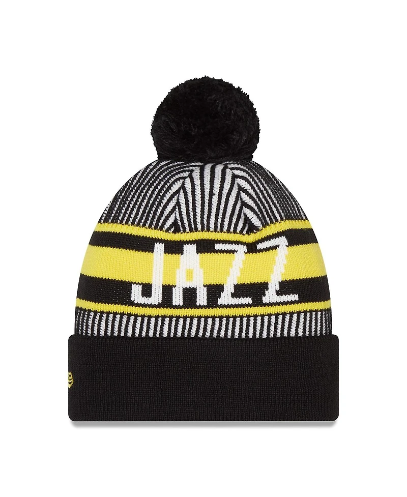 Men's New Era Navy Utah Jazz Striped Cuffed Pom Knit Hat