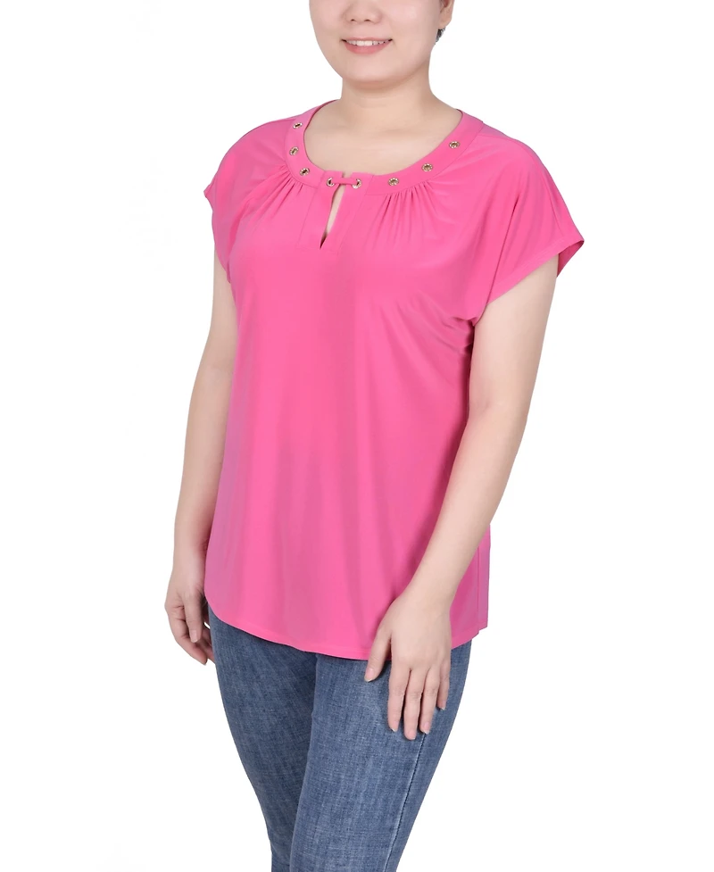 Ny Collection Petite Grommet Neck Knit Short Extended Sleeve Top