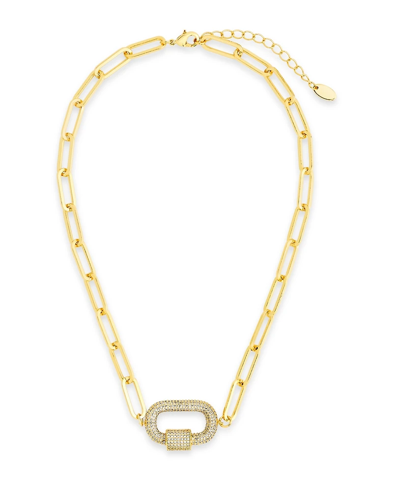 Sterling Forever Pave Cubic Zirconia Carabiner Linked Lock Necklace