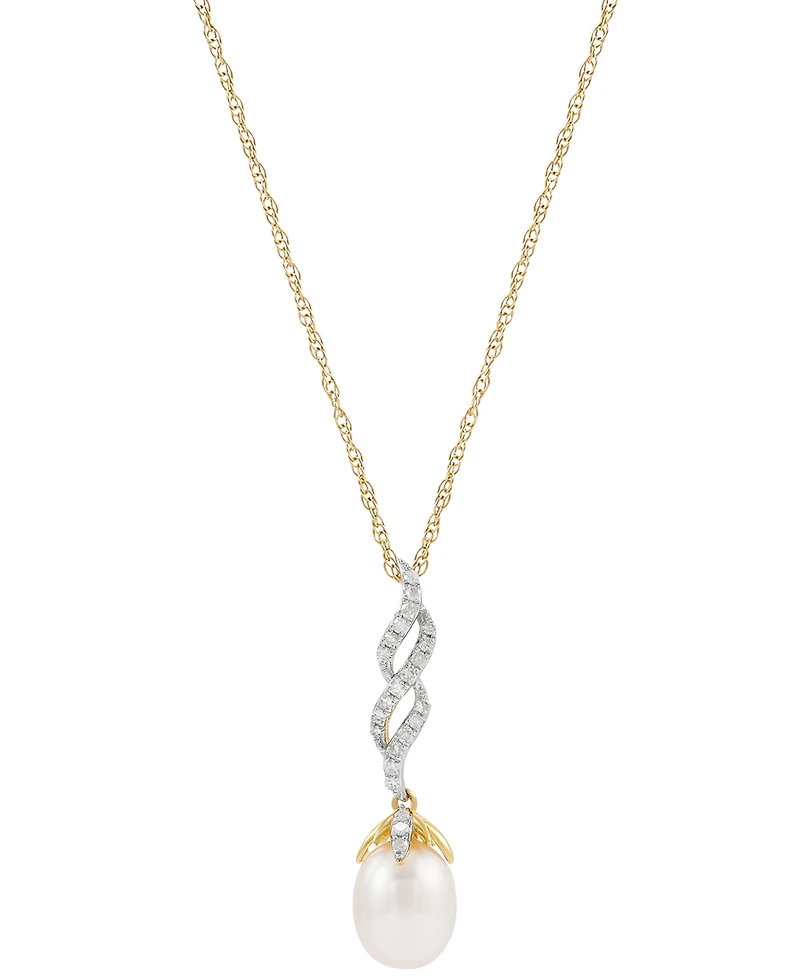 Honora Cultured Freshwater Pearl (8mm) & Diamond (1/6 ct. t.w.) Twist 18" Pendant Necklace in 10k Gold