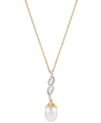 Honora Cultured Freshwater Pearl (8mm) & Diamond (1/6 ct. t.w.) Twist 18" Pendant Necklace in 10k Gold