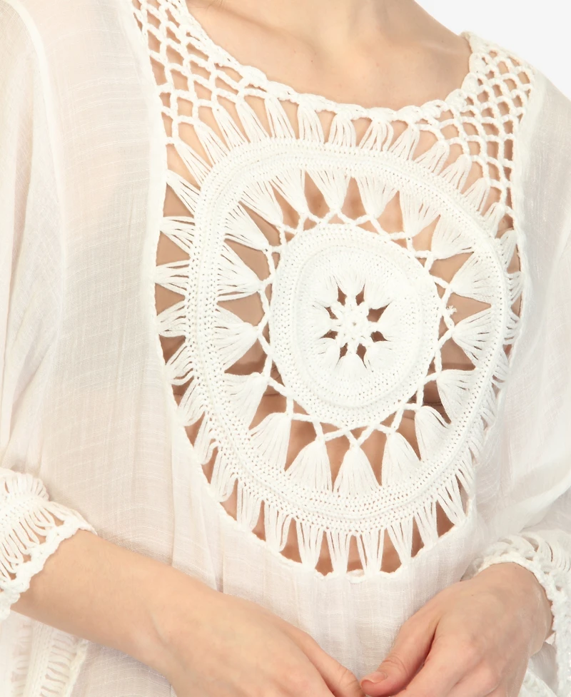 White Mark Women's Crocheted Fringed Trim 3/4 Sleeves Cover Up Dress