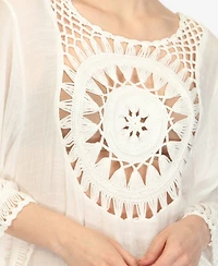 White Mark Women's Crocheted Fringed Trim 3/4 Sleeves Cover Up Dress