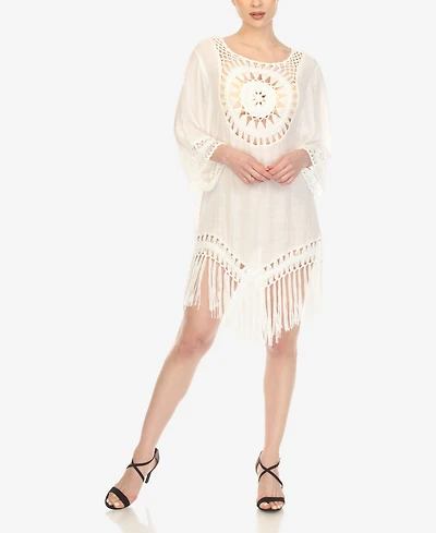 White Mark Women's Crocheted Fringed Trim 3/4 Sleeves Cover Up Dress