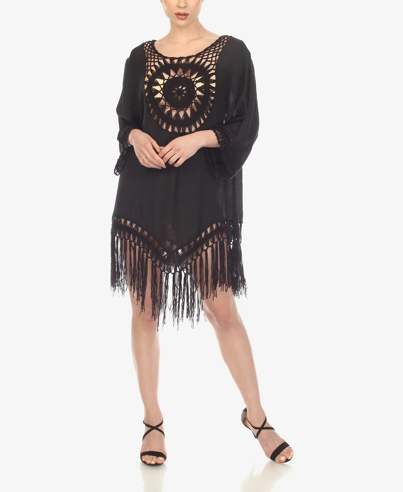 White Mark Women's Crocheted Fringed Trim 3/4 Sleeves Cover Up Dress
