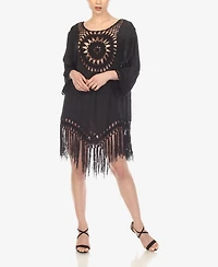 White Mark Women's Crocheted Fringed Trim 3/4 Sleeves Cover Up Dress