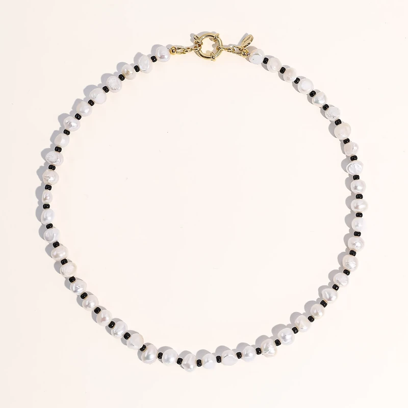 18K Gold Plated Freshwater Pearl with Black Japanese Beads - Victoria Necklace 17" For Women